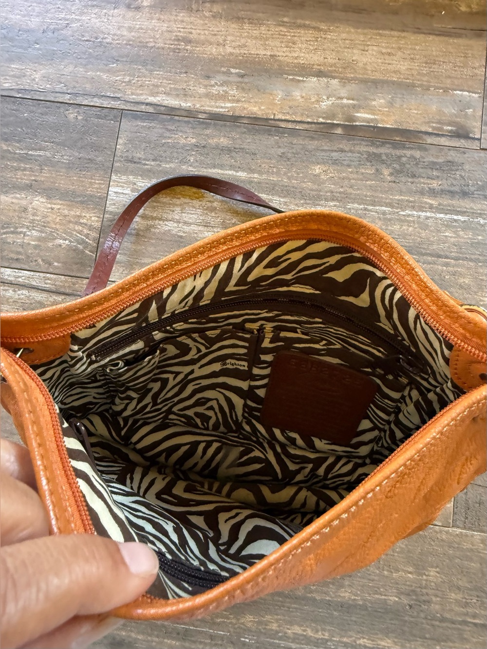 Brighton Piper Slim Embossed Leather Shoulder Purse Bag w Tassel, Orange and Tan - Picture 7 of 13